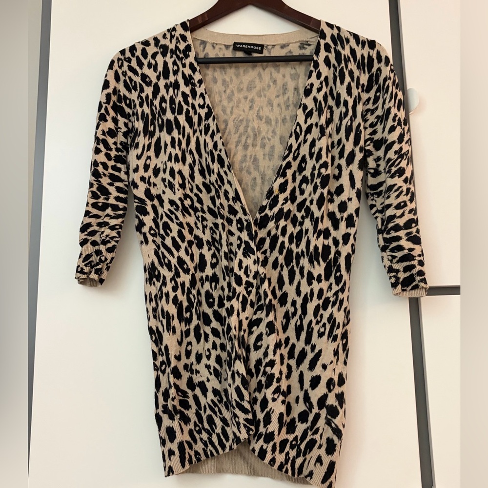 Warehouse Beige and Black Leopard Print V-Neck Cardigan